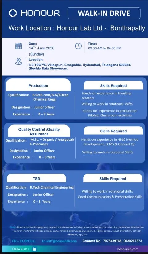 Honour Lab is Hiring Freshers & Experienced for Production, QC/QA & TSD