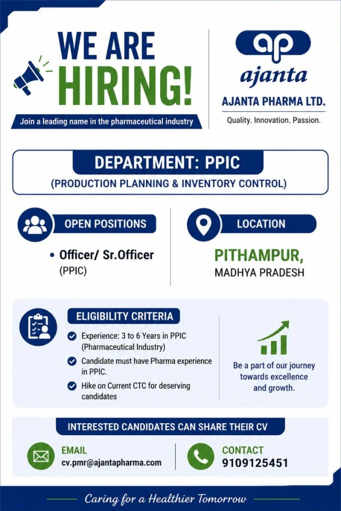 Ajanta Pharma PPIC Officer Recruitment 2026 &ndash; Apply for Officer/Sr. Officer
