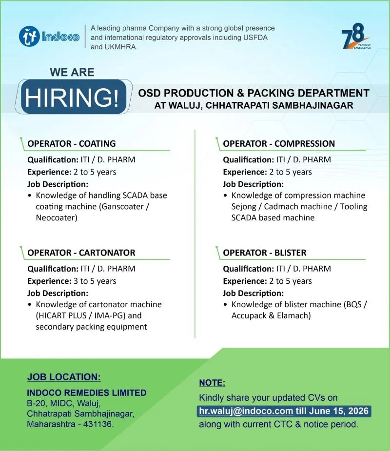 Indoco Remedies Operator Jobs 2026 | Apply for OSD Production & Packing Roles
