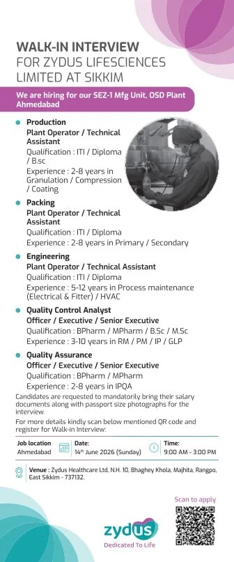Zydus Lifesciences is Hiring for Production, Packing, Engineering, QC & QA Roles