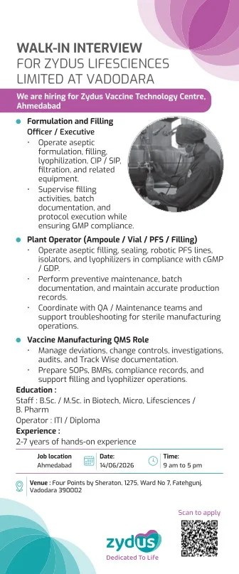 Zydus Lifescience is Hiring for Formulation, Plant Operator & QMS Roles