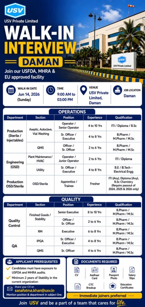 USV is Hiring Freshers & Experienced for Production, Engineering, QA and QC
