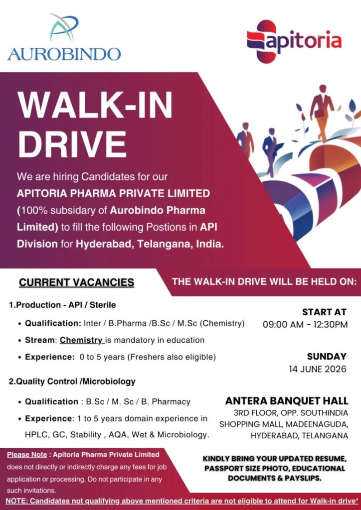 Apitoria Pharma is Hiring FRESHERS for Production and Quality Control