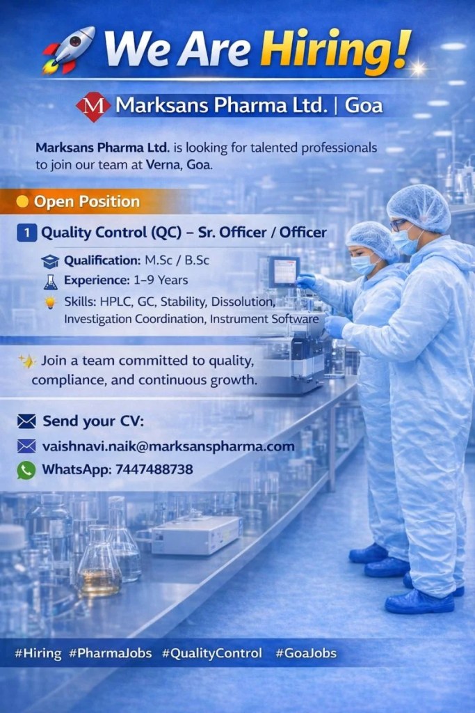 Marksans Pharma QC Officer Jobs 2026 | Apply for Sr. Officer & Officer Posts