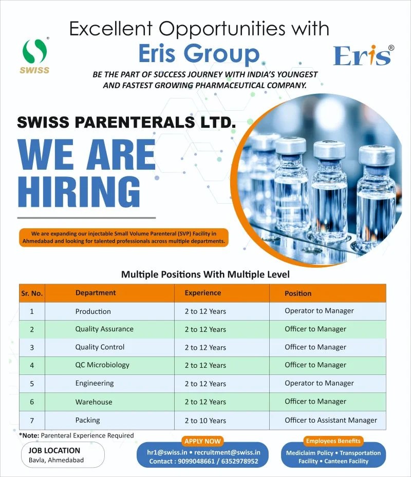Swiss Parenterals is Hiring for Production, QA, QC, Engineering, Warehouse, Packing
