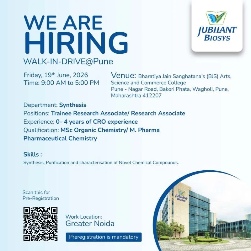 Jubilant Biosys is Hiring FRESHERS for Research Associate