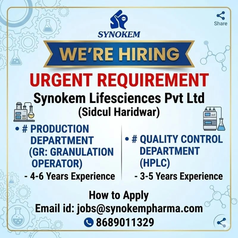 Synokem Lifesciences is Hiring for Production & Quality Control Jobs