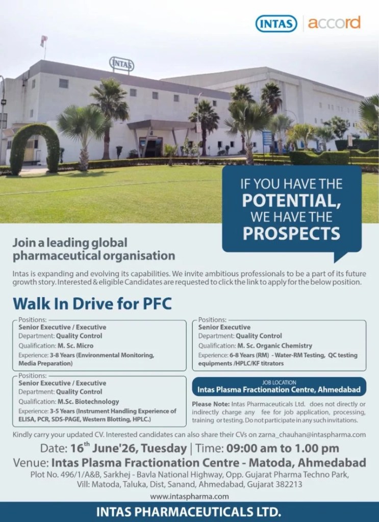 Intas Pharmaceuticals is Hiring for Quality Control - Executive