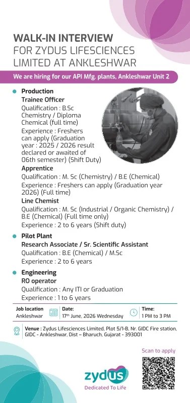 Zydus Lifesciences is Hiring FRESHERS for Production, Pilot Plant and Engineering