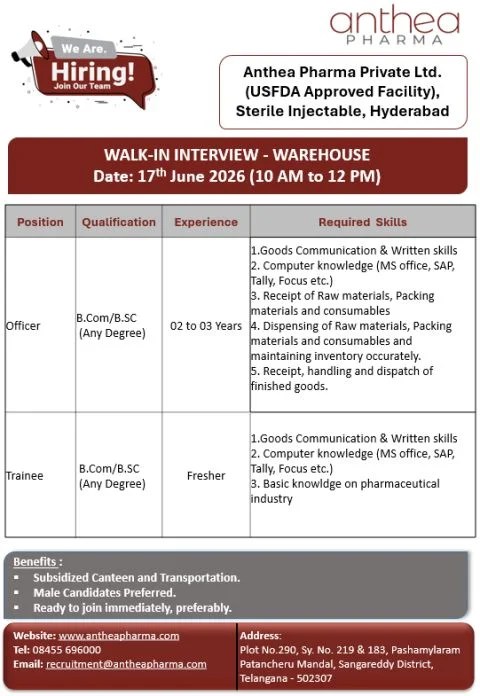Anthea Pharma is Hiring FRESHERS for Warehouse Officer & Trainee