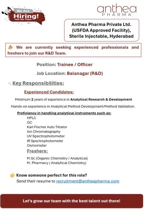 Anthea Pharma R&D Trainee / Officer Recruitment 2026 | Freshers & Experienced