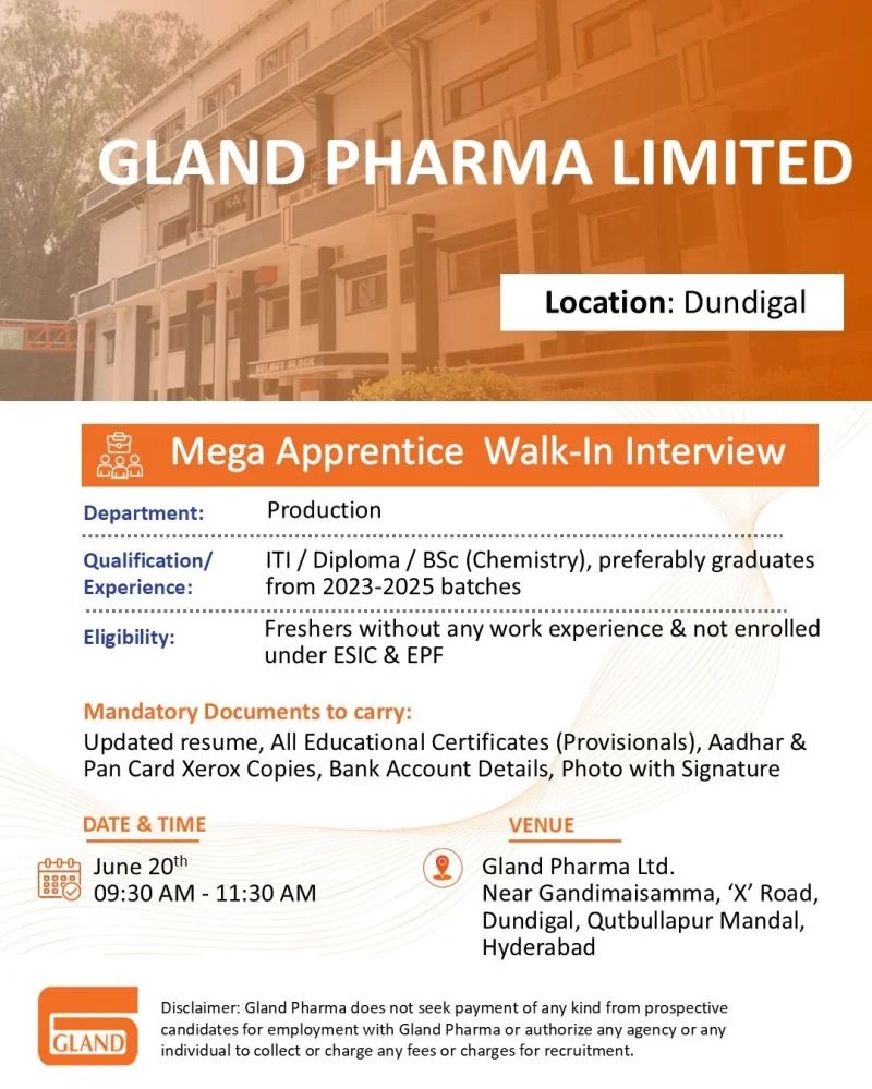 Gland Pharma Apprentice Walk-In 2026 | Freshers ITI, Diploma & BSc Jobs