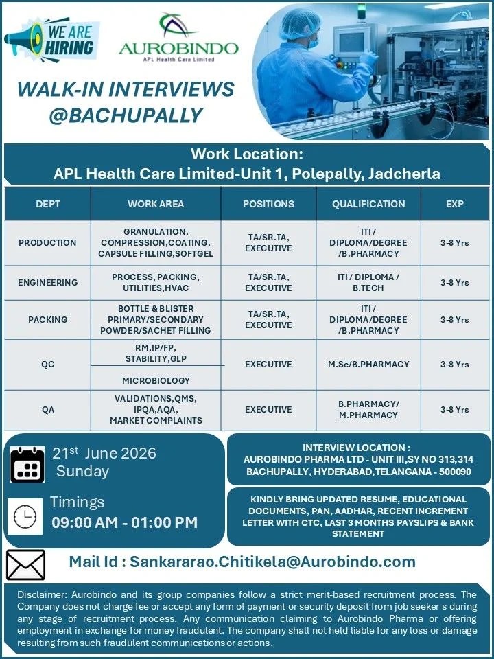 Aurobindo is Hiring for Production, QA, QC, Engineering & Packing Jobs