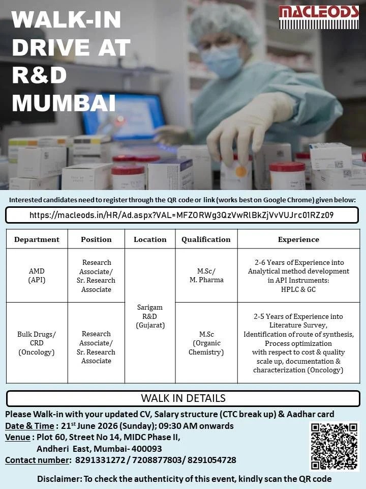 Macleods is Hiring for R&D Research Associate Jobs