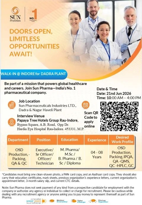 Sun Pharma is Hiring for OSD Production, Packing, QA & QC Jobs