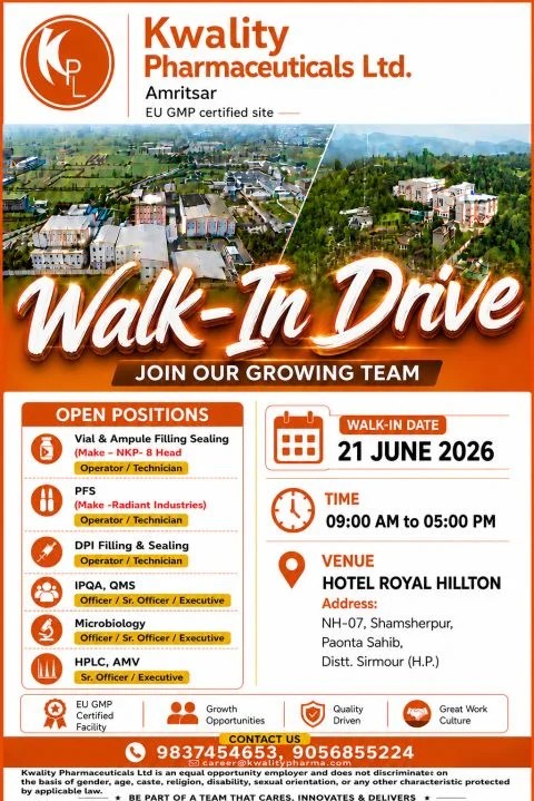 Kwality Pharmaceuticals is Hiring for Operator, Technician, Officer & Executive