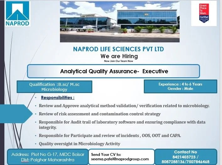 Naprod Life Sciences is Hiring for Analytical Quality Assurance &ndash; Executive