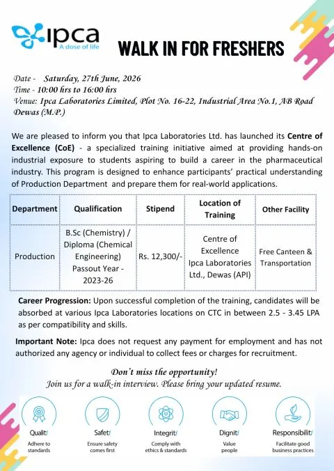 Ipca Laboratories is Hiring FRESHERS for Production Trainees Job | Stipend: ₹12,300/M