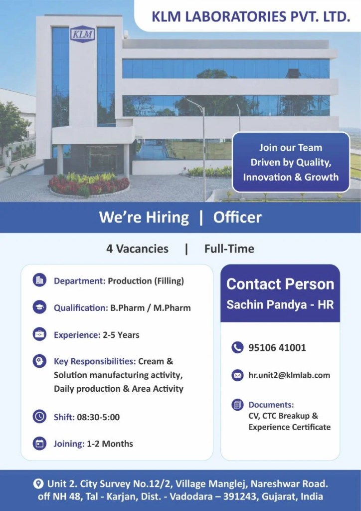 KLM Laboratories Officer Recruitment 2026 | Production (Filling) Jobs