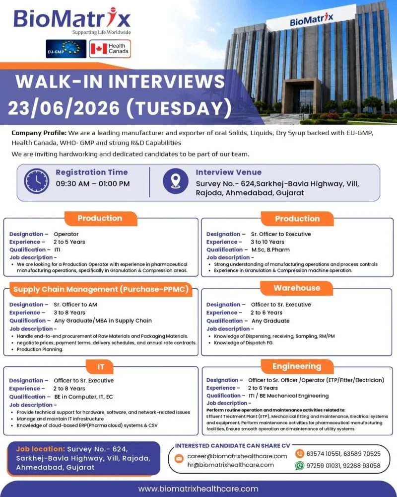 BioMatrix Walk-In Interview 2026 for Production, Warehouse, IT & Engineering