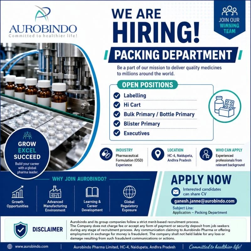 Aurobindo Pharma Packing Department Recruitment 2026