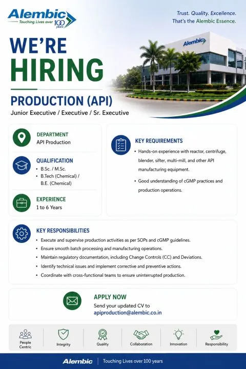 Alembic Pharma is Hiring for API Production