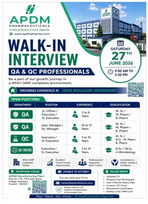 APDM Pharma Walk-In Interview for QA & QC Professionals