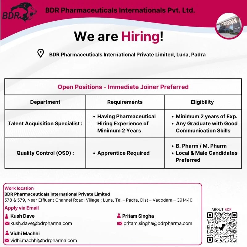 BDR Pharma is Hiring for QC Apprentice & Talent Acquisition Jobs