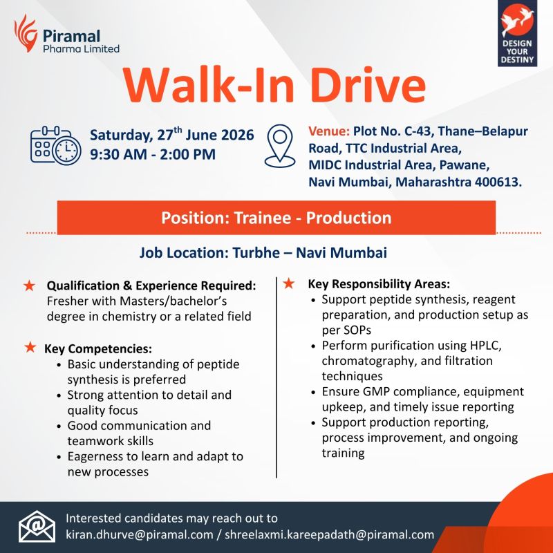 Piramal Pharma Limited Walk-In Interviews for FRESHERS on 27th June' 2026 - Pharmawisdom.co.in