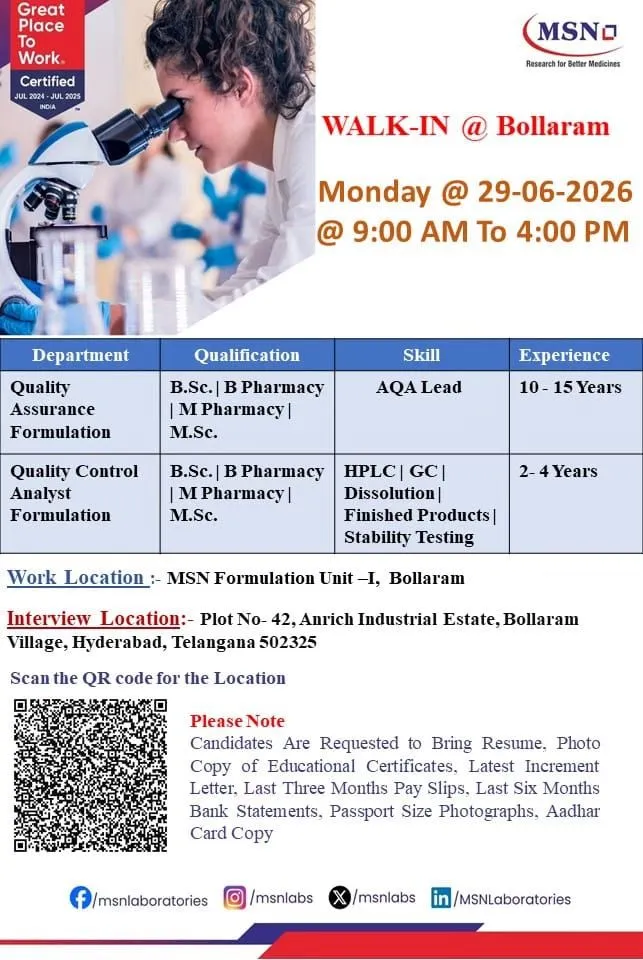 MSN Laboratories is Hiring for Quality Assurance and Quality Control