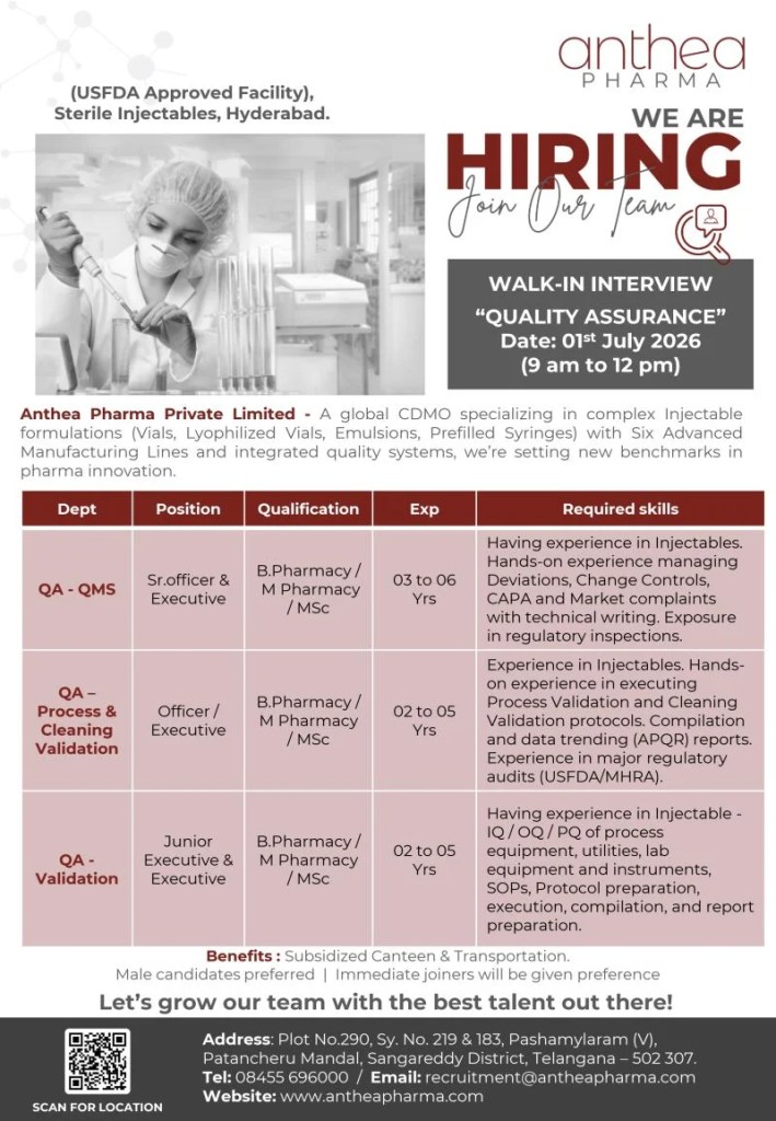 Anthea Pharma is Hiring for Quality Assurance Job