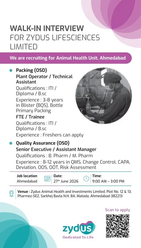 Zydus Lifescience is Hiring Freshers & Experienced for Packing & QA Roles
