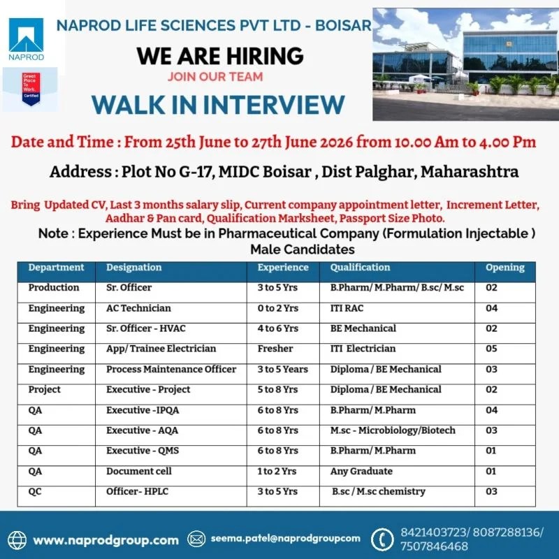 Naprod Life Sciences is Hiring for Production, Engineering, QA, QC and Project