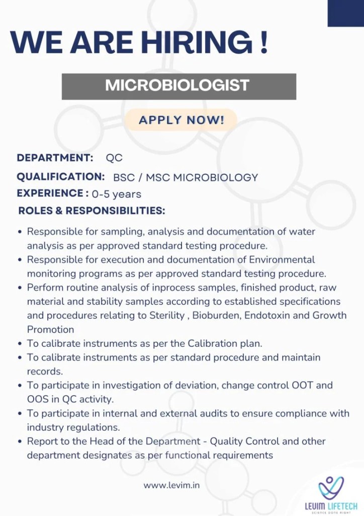 Levim Lifetech is Hiring Fresher & Experienced for Microbiologist (QC)