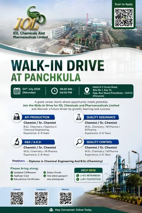IOL Chemicals and Pharma is Hiring for API Production, QA, QC, R&D