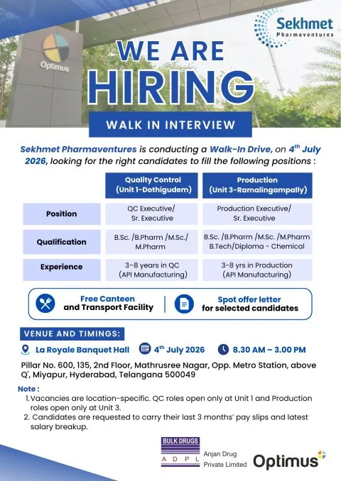 Sekhmet Pharma is Hiring for Quality Control and Production