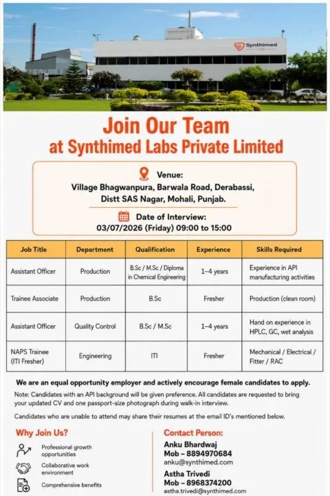 Synthimed Labs is Hiring Fresher & Experienced for Production, QC & Engineering