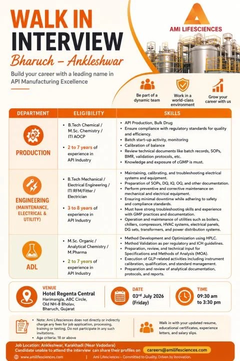Ami Lifesciences is Hiring for Production, Engineering & ADL