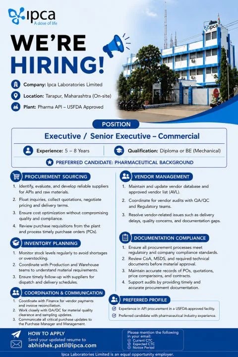 Ipca Laboratories is Hiring for Executive / Sr Executive &ndash; Commercial jobs