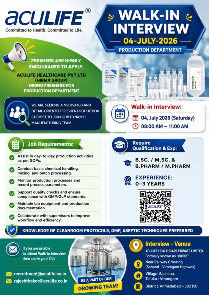 Aculife Healthcare is Hiring Freshers & Experienced for Production Department