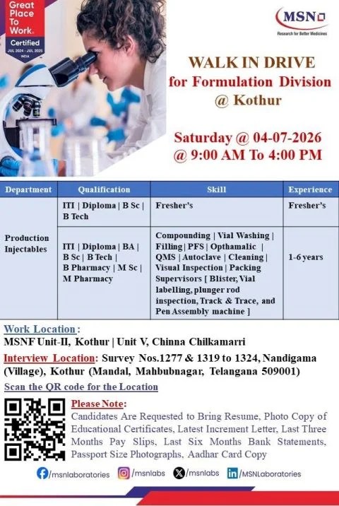 MSN Laboratories is Hiring Fresher & Experienced for Production Injectables