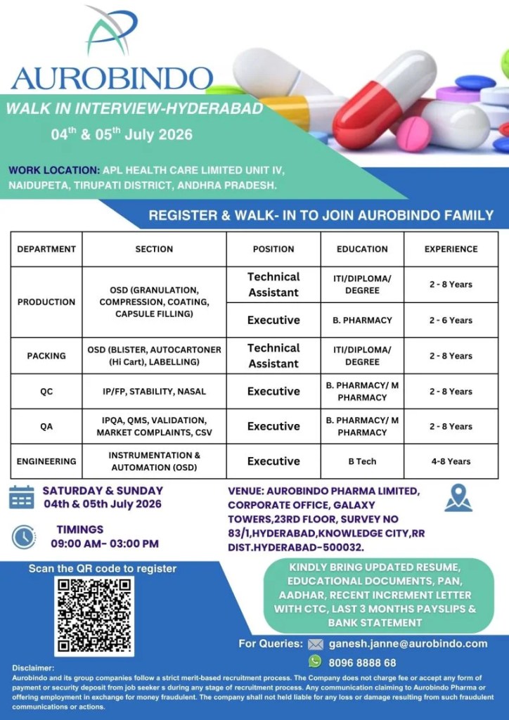 Aurobindo Pharma is Hiring for Production, Packing, QC, QA and Engineering