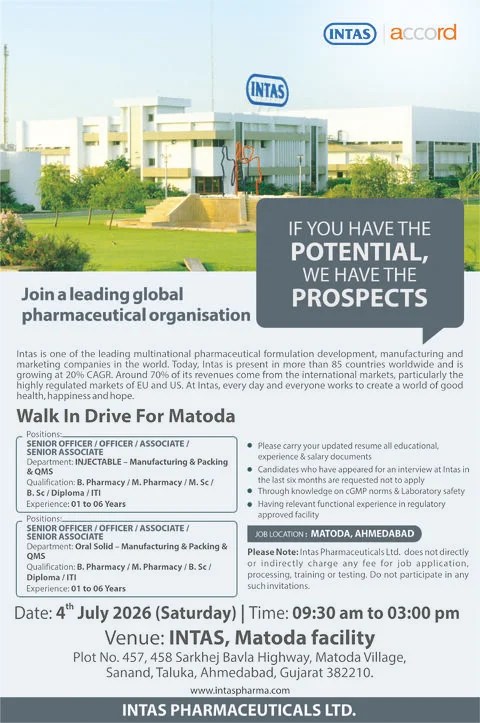Intas Pharmaceuticals is Hiring for Manufacturing & Packing