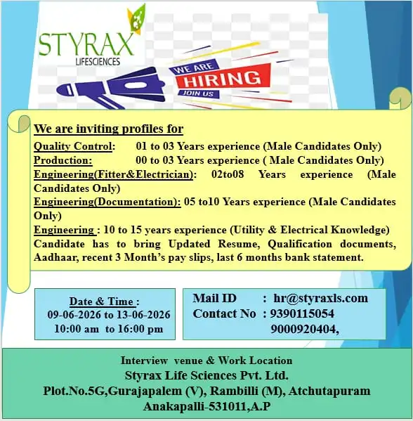Styrax Lifesciences Walk-In Interview 2026 for QC, Production & Engineering