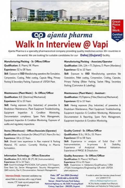 Ajanta Pharma is Hiring for Manufacturing, QA, QC, Maintenance, Stores and IT