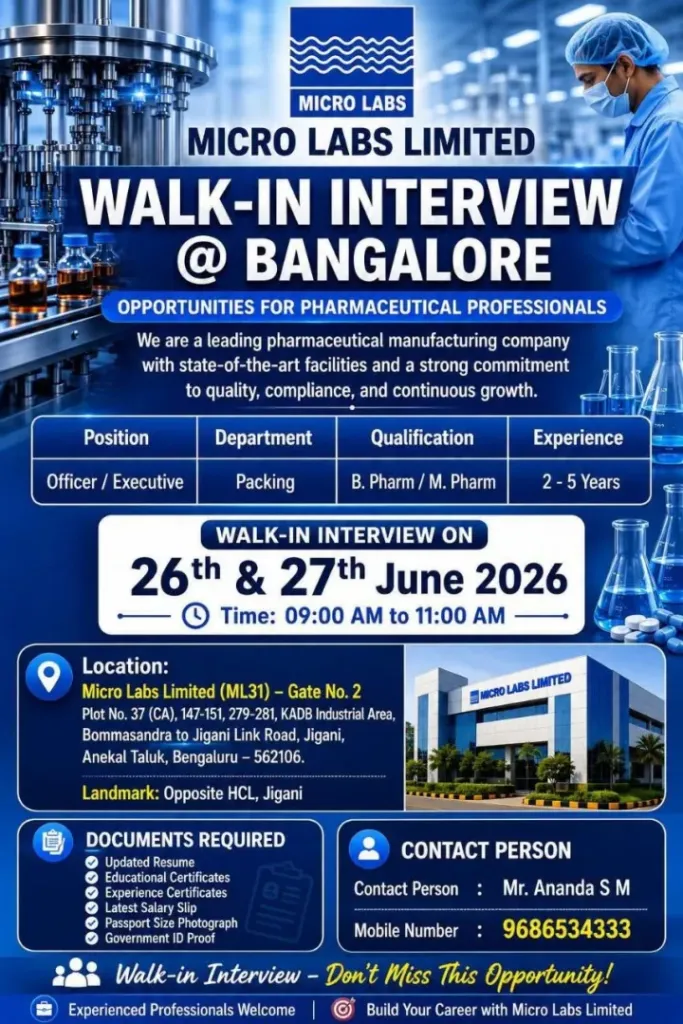 Micro Labs Limited is Hiring for Packing Department