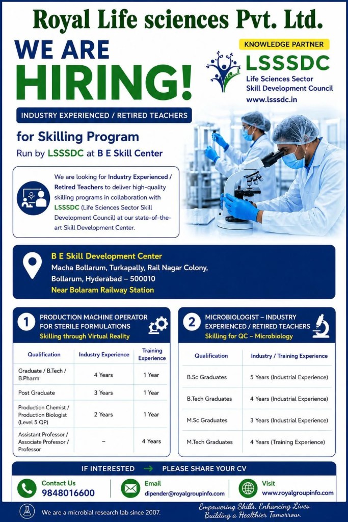 Royal Life Sciences is Hiring for Production Machine Operator & Microbiologist Trainer