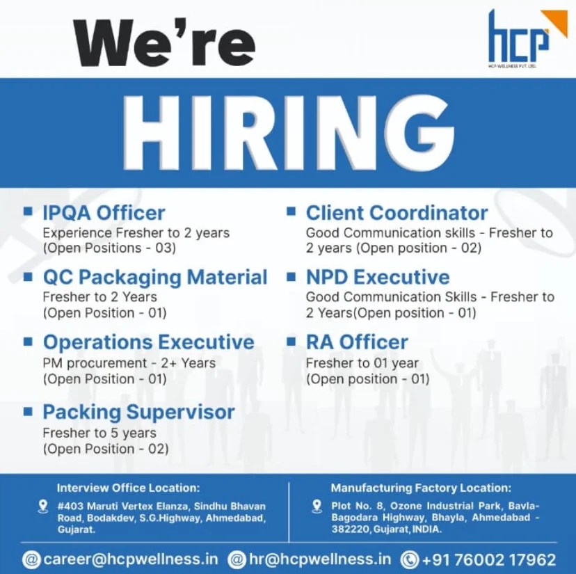HCP Wellness is HIring for IPQA, QC Packaging, Client Coordinator. NPD Executive, RA Officer