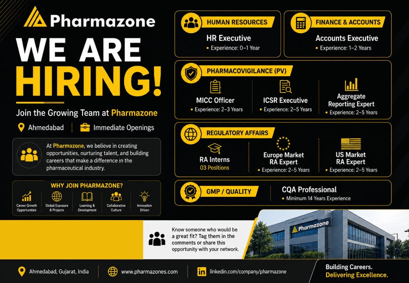 Pharmazone Hiring Multiple Openings in Pharmacovigilance(MICC, ICSR, Aggregate), Regulatory Affairs, HR & QA (0 - 14 Years)