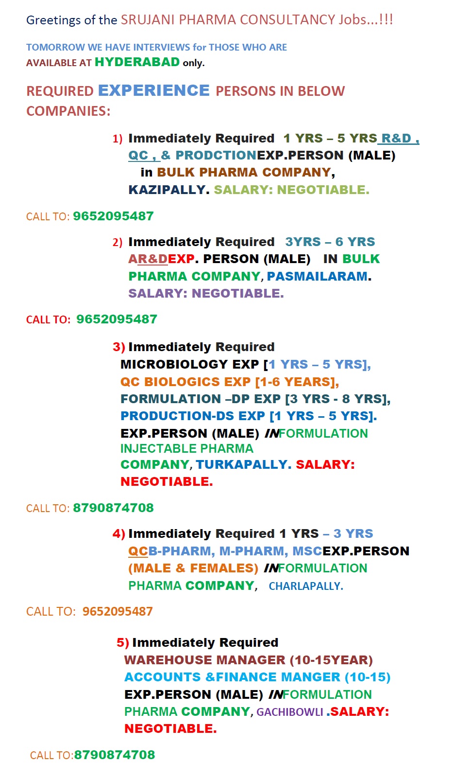 Multiple Openings in QC | R&D | AR&D | Production | Warehouse | Accounts | Electrical | Mechanical | Fitter at Hyderabad - Pharmawisdom.co.in